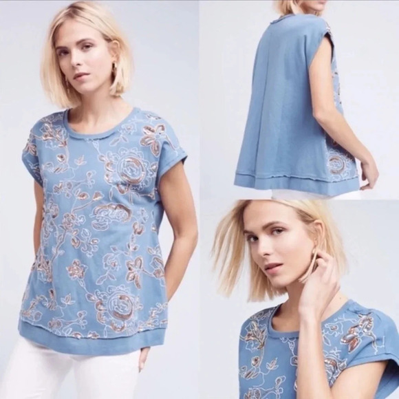 NWT Anthropologie Akemi + Kin Hildie Sequined top floral embroidered chambray - Picture 1 of 15